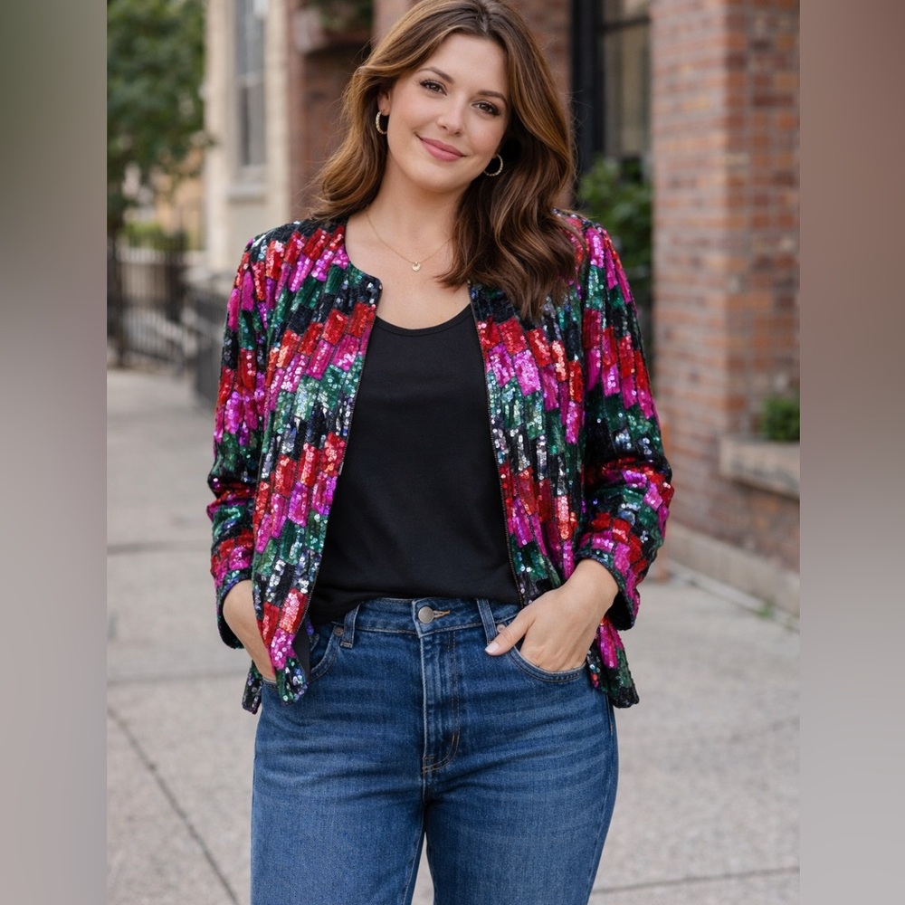 Vintage Joseph Le Bon Sequin Jacket Multicolor Beaded Open Front Party Glam M